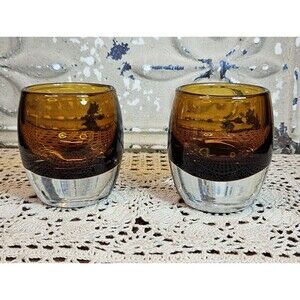 Set of 2 Crate & Barrel Diva Amber Glass Candle Holders or Whiskey Tumblers